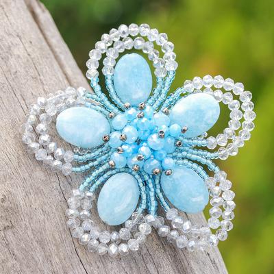 Spring in Serenity,'Handcrafted Floral Blue Quartz and Glass Beaded Brooch Pin'