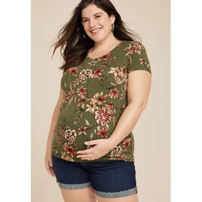 Maurices Plus Size Women's Floral Scoop Neck Maternity Tee Green Size 2X