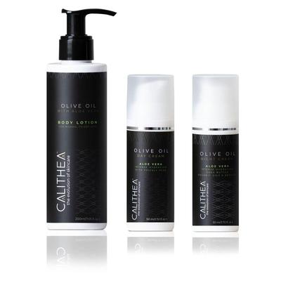 Calithea Skincare Olive Oil & Aloe Vera Skincare Set - Day Cream, Night Cream, & Body Lotion