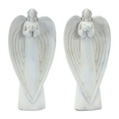 Stone Garden Angel Statue With Bird Accent (Set Of 2) by Melrose in White