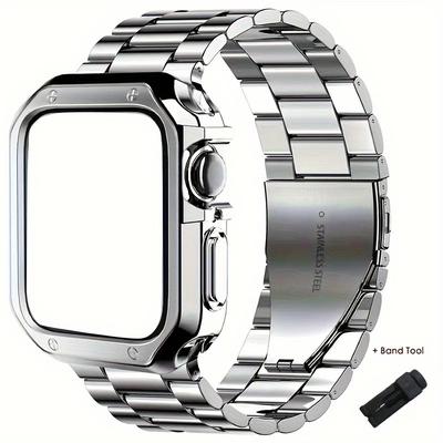 For Men And Women, For Iwatch 1/2/3/4/5/6/7/8/se/ultra, Metal Stainless Steel Watch Band Plus Electroplated Tpu Case Plus Watch Strap Tool, Case Plus Watch Band In One, 38/40/ 41/42/44/45/49mm