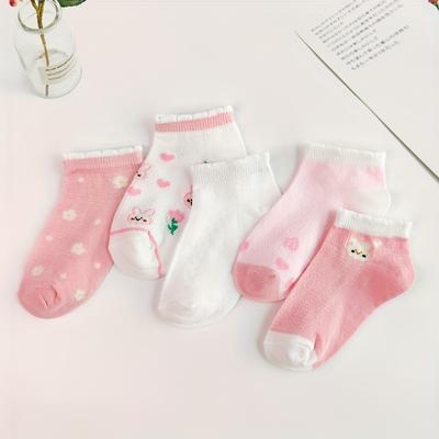5pairs Baby Girls Cute Cartoon Bunny Flower Heart Pattern Ankle Socks For Spring Summer, New Trendy Socks For Children Kids Toddler