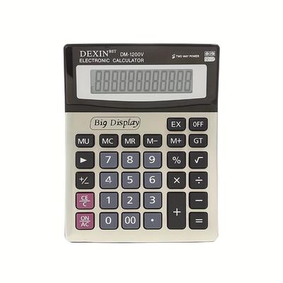 1pc Dexin Dm-1200v Large Size 12 Bits Large Screen Large Buttons Durable Metal Panel Desktop Calculator Built-in Button Electronics Dual Power Supply For Office Use