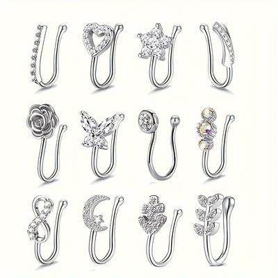 12pcs Clip On Nose Ring Butterfly Flower Etc Shape Fake Piercing Nose Ring U-shaped Nose Jewelry Set