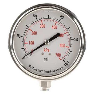 ZORO SELECT 4CFJ9 Pressure Gauge, 0 to 100 psi, 1/4 in MNPT, Stainless Steel,