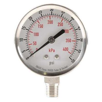 ZORO SELECT 4FMN2 Pressure Gauge, 0 to 60 psi, 1/4 in MNPT, Stainless Steel,