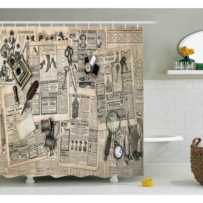 Williston Forge Leonide Clock Antique Accessories Design Old Fashion Magazine Sewing & Writing Tools Single Shower Curtain | 70 H x 69 W in | Wayfair