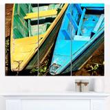 Design Art 'Wooden Boats on Lake Phewa' Photographic Print Multi-Piece Image on Canvas in Blue/Yellow | 28 H x 36 W x 1 D in | Wayfair PT15722-3P