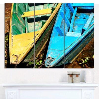 Design Art 'Wooden Boats on Lake Phewa' Photographic Print Multi-Piece Image on Canvas in Blue Yellow | 28 H x 36 W x 1 D in | Wayfair PT15722-3P