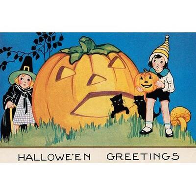 Buyenlarge 'HalloweEn Greetings' Graphic Art in Blue/Orange | 44 H x 66 W x 1.5 D in | Wayfair 0-587-27588-xC4466