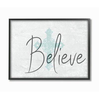 Winston Porter Believe w/ Holy Cross Wood Texture by Daphne Polselli - Graphic Art Print on Wood in Blue/Brown/White | 11 H x 14 W in | Wayfair