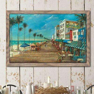 Highland Dunes 'A Day on the Boardwalk' Framed Oil Painting Print Plastic/Acrylic in Blue/Brown | 35.5 H x 51.5 W x 0.75 D in | Wayfair