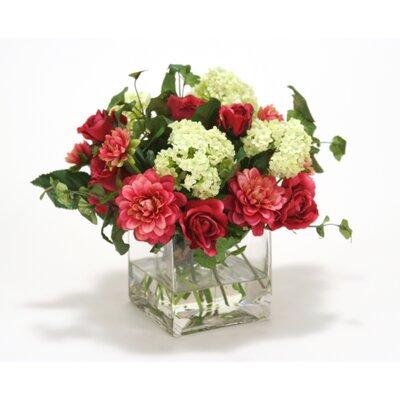 Distinctive Designs Fuschia Dahlia & Roses, Cream Green Snowballs in Glass Cube Polysilk | 11 H x 12 W x 12 D in | Wayfair 17029