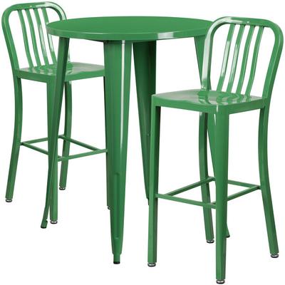 Flash Furniture CH-51090BH-2-30VRT-GN-GG 30  Round Green Metal Indoor   Outdoor Bar Height Table with 2 Vertical Slat Back Stools