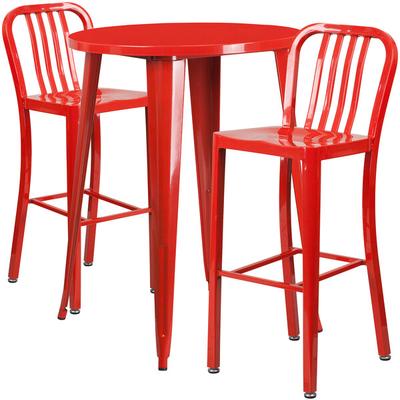 Flash Furniture CH-51090BH-2-30VRT-RED-GG 30  Round Red Metal Indoor   Outdoor Bar Height Table with 2 Vertical Slat Back Stools