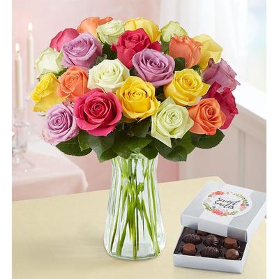1-800-Flowers Flower Delivery Two Dozen Assorted Roses W/ Clear Vase & Chocolate | 100% Satisfaction Guaranteed