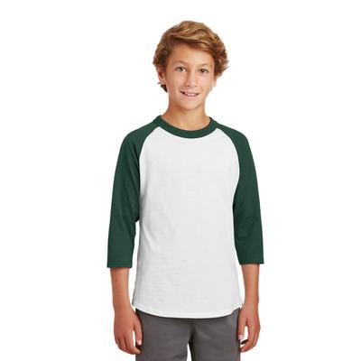 Sport-Tek YT200 Youth Colorblock Raglan Jersey T-Shirt in White/Forest Green size XL | Cotton