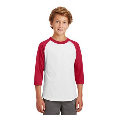 Sport-Tek YT200 Youth Colorblock Raglan Jersey T-Shirt in White/Red size Small | Cotton
