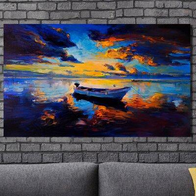 Picture Perfect International 'Sky Sunset & Boat on the Water' Painting Print on Wrapped Canvas in Black/Blue/Yellow | 18 H x 30 W x 1 D in | Wayfair