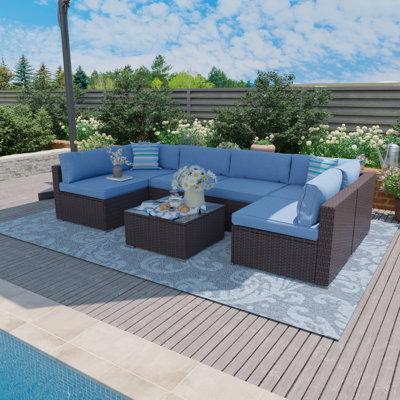 Orren Ellis Ailse 6 Piece Rattan Sectional Seating Group w  Cushions Synthetic Wicker All - Weather Wicker Wicker Rattan in Gray Blue | Outdoor Furniture | Wayfair