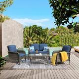 Bay Isle Home™ Lagrone 4 Piece Rattan Sofa Seating Group w/ Cushions Synthetic Wicker/All - Weather Wicker/Olefin Fabric Included/Wicker/Rattan