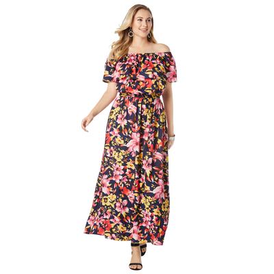 Plus Size Women's Off-The-Shoulder Maxi Dress by Jessica London in Pink Burst Watercolor Floral (Size 16 W)