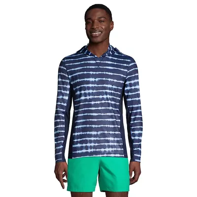 Men's Lands' End Space-Dye Hooded Rash Guard Swim Pullover, Size: Medium, Blue