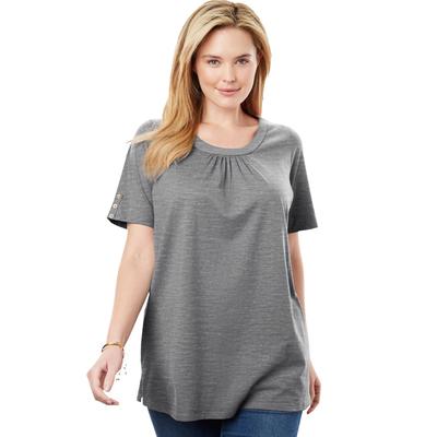 Plus Size Women's Perfect Button-Sleeve Shirred Scoop-Neck Tee by Woman Within in Medium Heather Grey (Size M) Shirt
