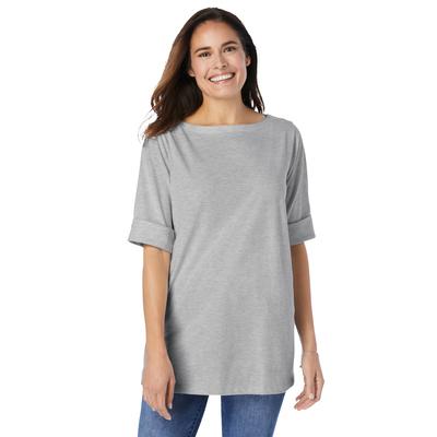 Plus Size Women's Perfect Cuffed Elbow-Sleeve Boat-Neck Tee by Woman Within in Heather Grey (Size L) Shirt