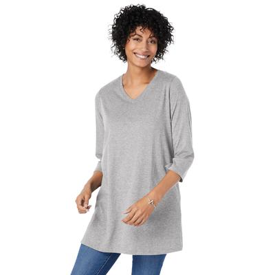 Plus Size Women's Perfect Three-Quarter Sleeve V-Neck Tunic by Woman Within in Heather Grey (Size 5X)