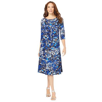 Plus Size Women's Ultrasmooth® Fabric Boatneck Swing Dress by Roaman's in Navy Painted Garden (Size 26/28) Stretch Jersey 3/4 Sleeve Dress