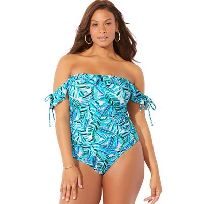 Plus Size Women's Bandeau Ruffle One Piece Swimsuit by Swimsuits For All in Tropical Palm (Size 8)