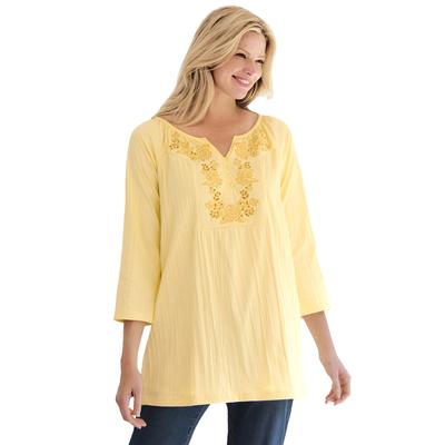 Plus Size Women's Embroidered Crinkle Tunic by Woman Within in Banana Rose Embroidery (Size 18/20)