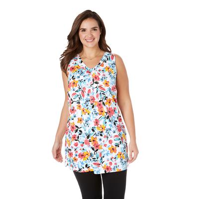 Plus Size Women's Perfect Printed Sleeveless Shirred V-Neck Tunic by Woman Within in White Painterly Bloom (Size 22/24)