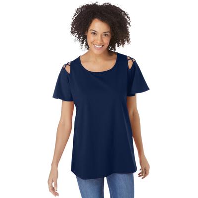 Plus Size Women's Lattice-Detail Cold-Shoulder Tee by Woman Within in Evening Blue (Size 14/16) Shirt