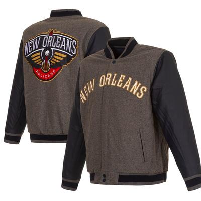Men's JH Design Gray/Navy New Orleans Pelicans Faux Leather Reversible Logo Bomber Full-Snap Jacket