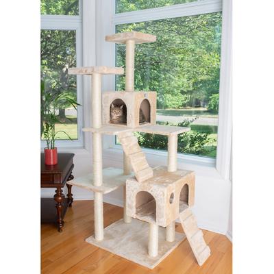 Beige Real Wood Cat Tree with Two Ramps & Condos, 70