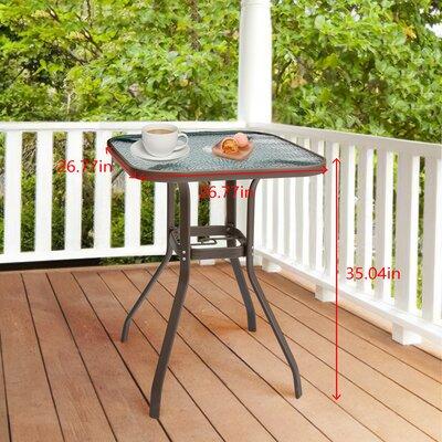 Red Barrel Studio® Patio Bar Table Outdoor High Dining Bistro Table Tempered Glass Top w/ Umbrella Hole in Brown | Wayfair