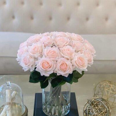 Primrue 13" Medium Rose Real Touch Arrangement In Glass Vase Polyester/Polysilk in Pink, Size 14.0 H x 13.0 W x 13.0 D in | Wayfair