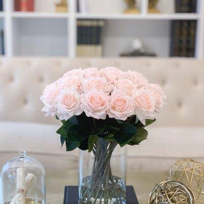 Primrue 13" Medium Rose Real Touch Arrangement In Glass Vase Polyester/Polysilk in Pink/Indigo | 14 H x 13 W x 13 D in | Wayfair