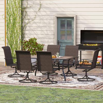 Charlton Home® Ahrendt 7 Pieces Outdoor Table Set 6 High Back Swivel Rattan Chairs 1 Wood-look Pattern Rectangular Metal Table 6 People Set w  Umbrella Hole Plastic Metal