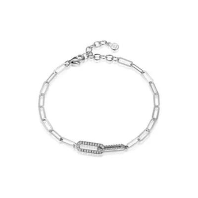 PAJ Silver Plated Lab Created 925 Sterling Silver Cubic Zirconia Lined Oval Double Link Paper Clip Bracelet