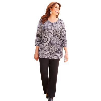 Plus Size Women's Suprema® 3/4 Sleeve V-Neck Tee by Catherines in Black Paisley (Size 2X)