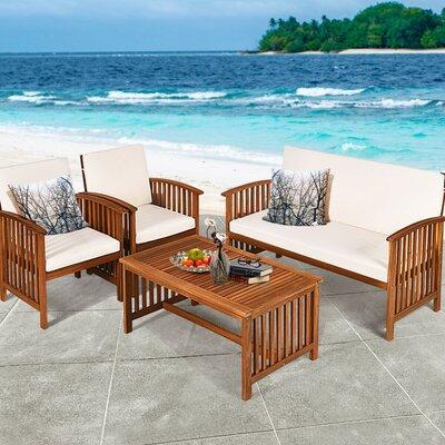 Winston Porter 4PCS Patio Solid Wood Furniture Set Wood/Natural Hardwoods in Brown/White, Size 34.5 H x 24.0 W x 27.0 D in | Wayfair