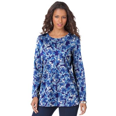Plus Size Women's Long-Sleeve Crewneck Ultimate Tee by Roaman's in Navy Watercolor Flowers (Size S) Shirt