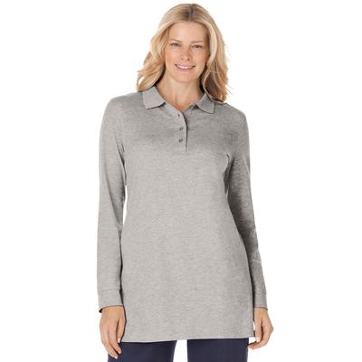 Plus Size Women's Long-Sleeve Polo Shirt by Woman Within in Medium Heather Grey (Size 2X)