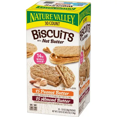 Nature Valley Biscuits Variety Pack, Almond Butter and Peanut Butter, Breakfast Bars (30 ct.)