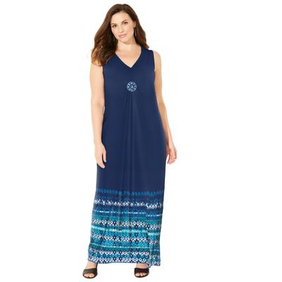 Plus Size Women's Medallion Maxi Dress by Catherines in Navy Ikat Border (Size 1X)