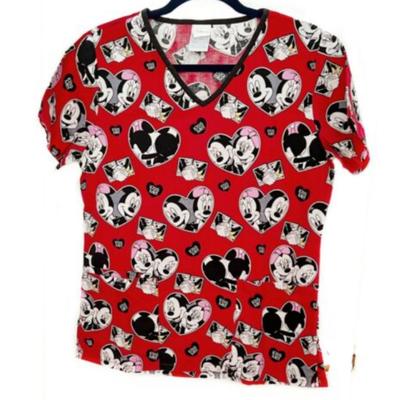 Disney Tops | Disney Mickey Mouse Minnie Hearts Womens Red Medical Scrub Uniform Top Xs | Color: Black/Red | Size: Xs