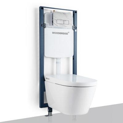 WoodBridge Dual-Flush Elongated Wall-Mount Toilet (Seat Included) in White | 11.75 H x 15.625 W x 23.875 D in | Wayfair LT611+SWHT611-WH